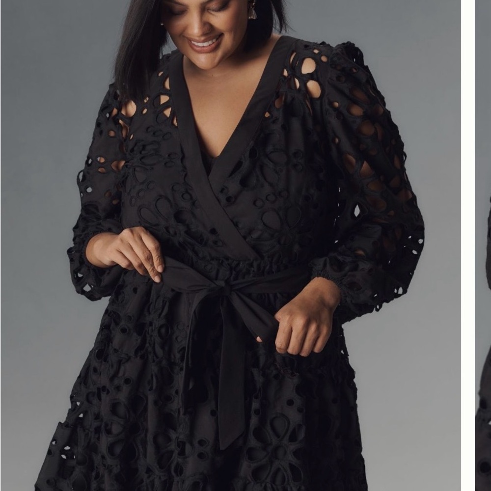Anthropologie ELOQUII black eyelet l/s size 16 v-neck Black Dress “wrap” w/ slip